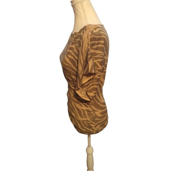 Gold Sparkle Animal Print Women's Size Medium Rush Side Balloon Sleeve Blouse - Picture 2 of 10